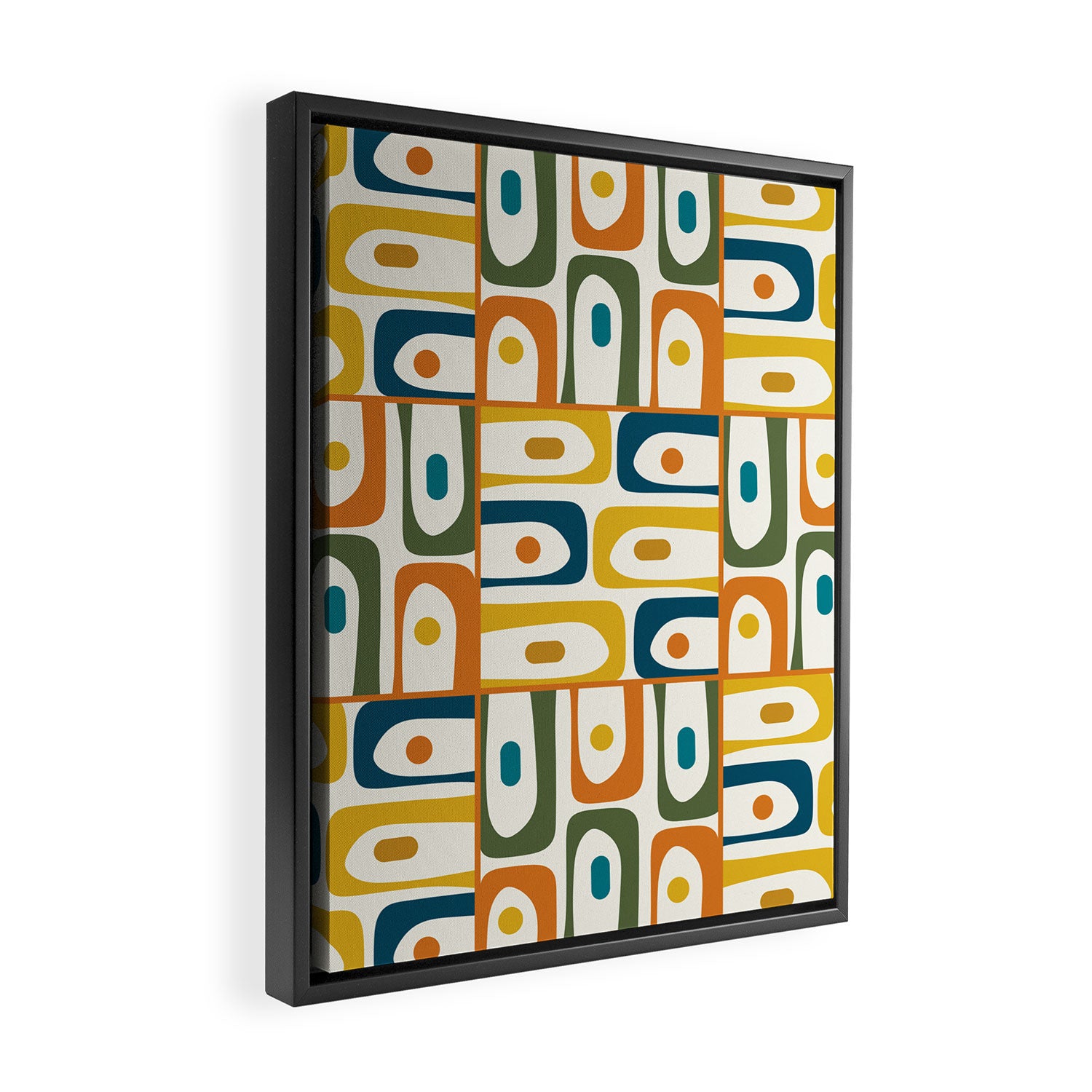 Mid Century Modern Piquet Multi Abstract Pattern in Moroccan Mustard Olive Blue Orange Cream Framed Canvas Print Gallery Image 2