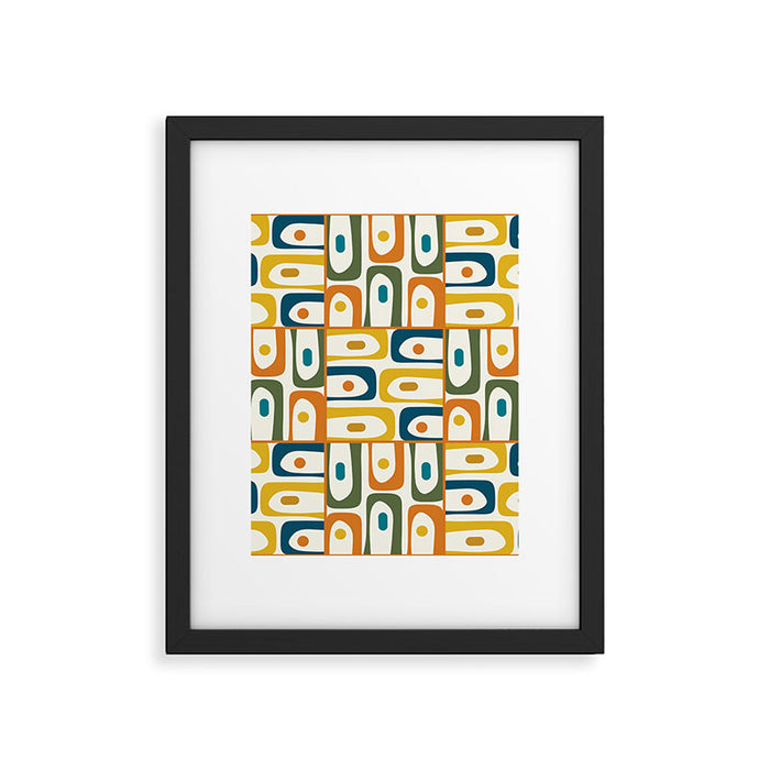Mid Century Modern Piquet Multi Abstract Pattern in Moroccan Mustard Olive Blue Orange Cream Framed Art Print Gallery Image 1