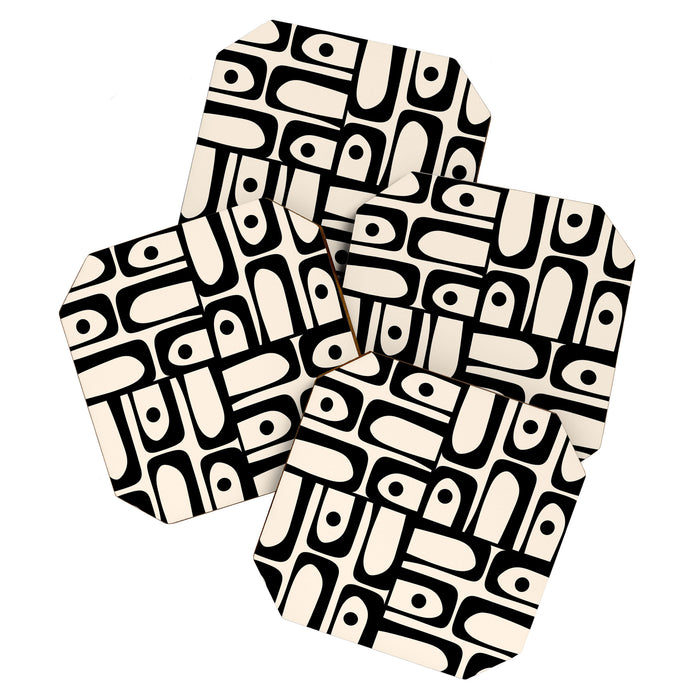 Mid Century Modern Piquet Multi Abstract Retro Geometric Pattern in Black and Cream Coaster Gallery Image 1