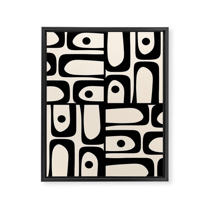 Mid Century Modern Piquet Multi Abstract Retro Geometric Pattern in Black and Cream Framed Canvas Print Gallery Image 1