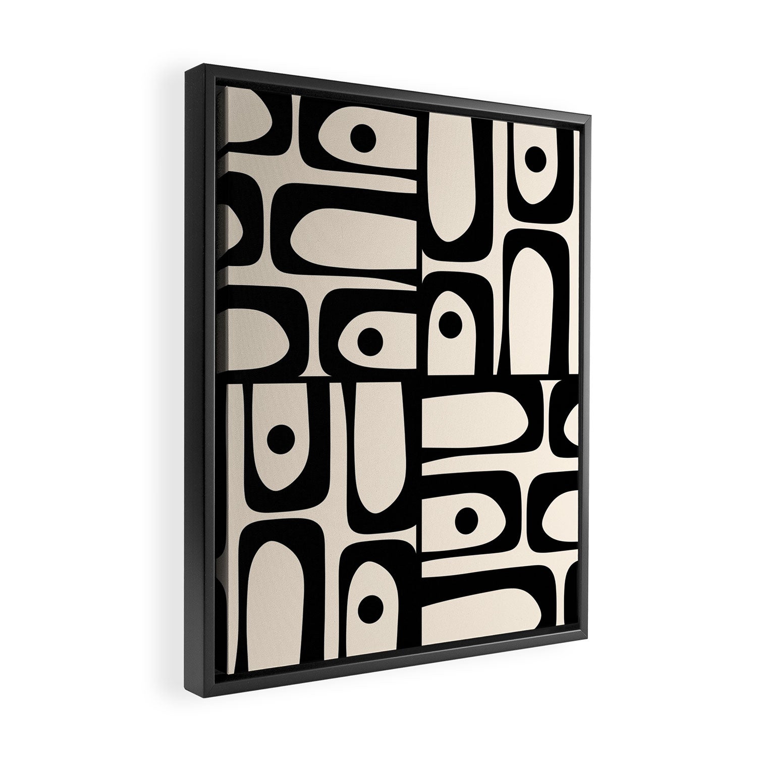 Mid Century Modern Piquet Multi Abstract Retro Geometric Pattern in Black and Cream Framed Canvas Print Gallery Image 2