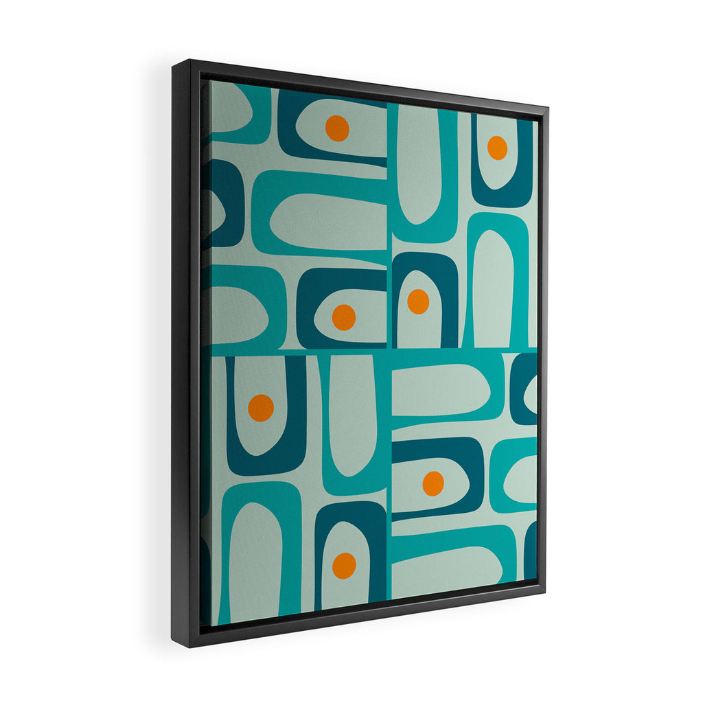 Mid Century Modern Piquet Multi Abstract Retro Pattern in Teal Aqua Orange Turquoise Blue Tones Framed Canvas Print Gallery Image 2