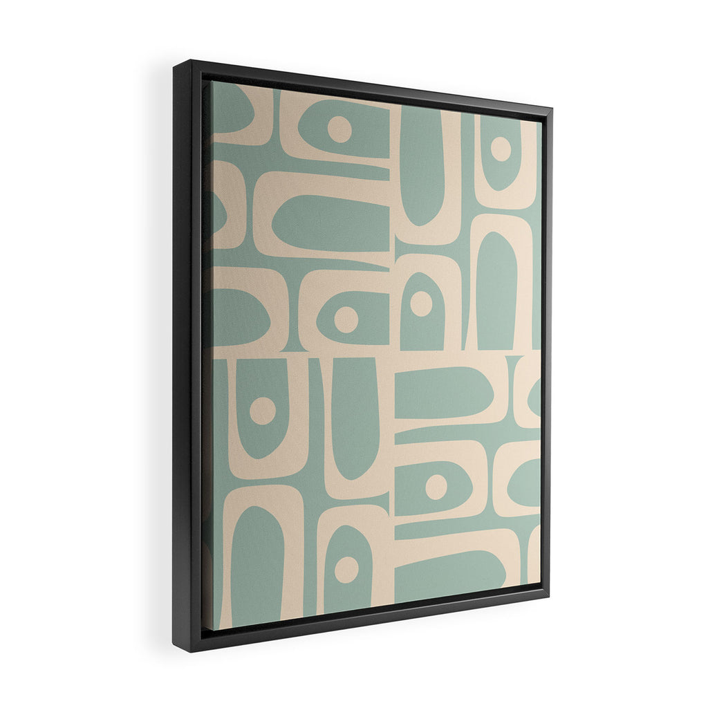 Mid Century Modern Piquet Multi Geometric Pattern in Light Celadon Blue and Cream Framed Canvas Print Gallery Image 2
