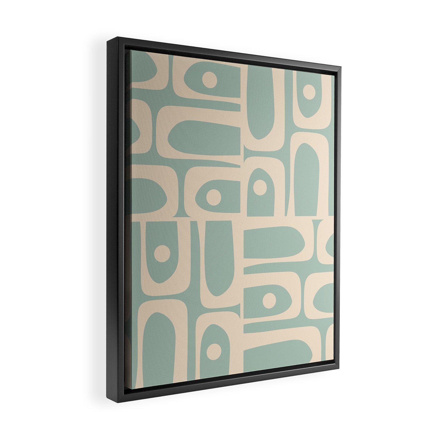 Mid Century Modern Piquet Multi Geometric Pattern in Light Celadon Blue and Cream Framed Canvas Print Gallery Image 2
