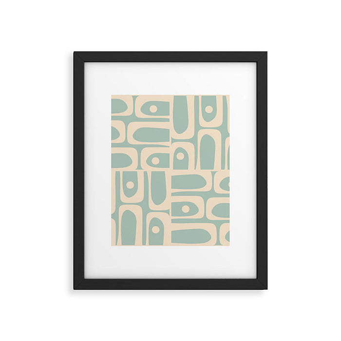 Mid Century Modern Piquet Multi Geometric Pattern in Light Celadon Blue and Cream Framed Art Print Gallery Image 1