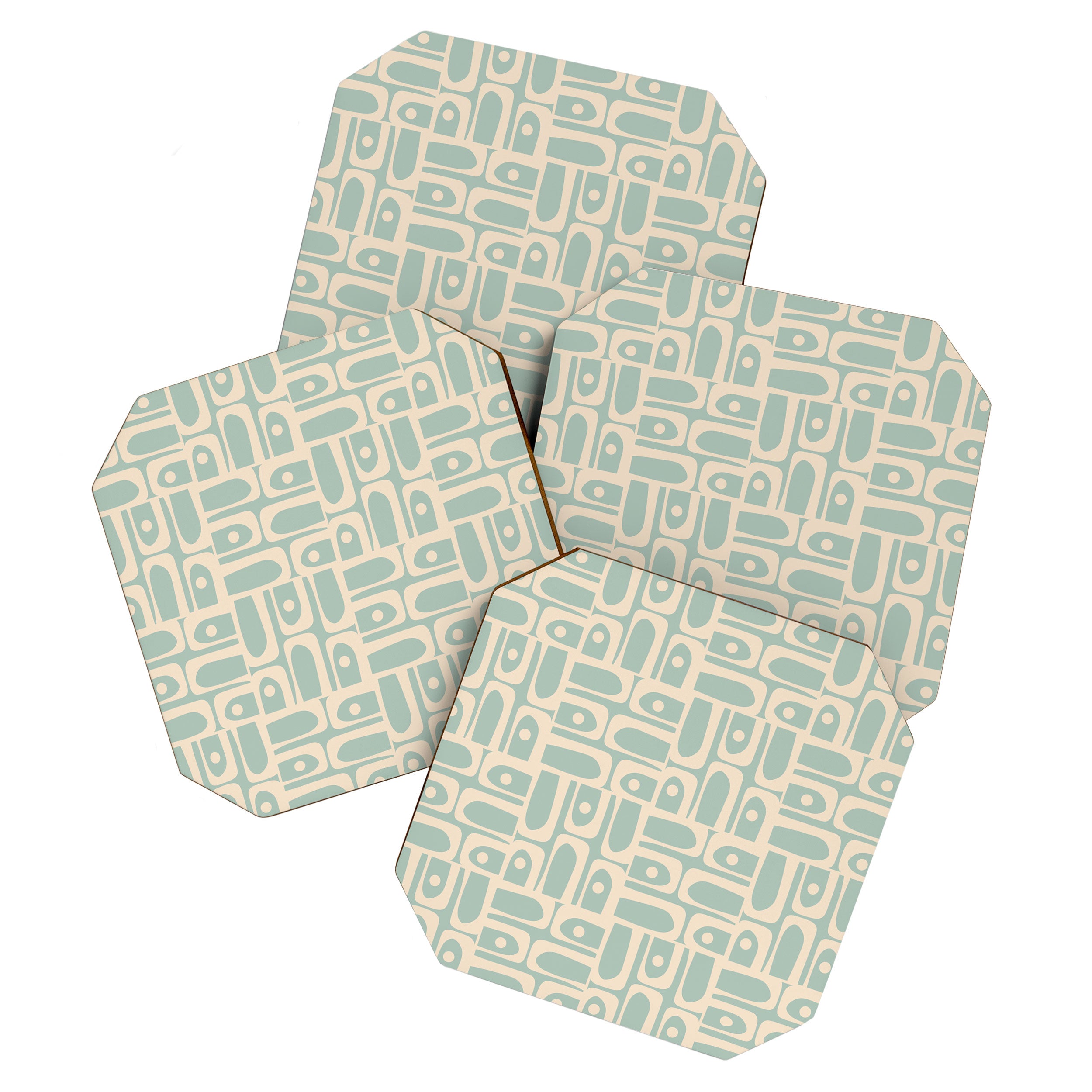 Mid Century Modern Piquet Multi Geometric Pattern in Light Celadon Teal Coaster Gallery Image 1