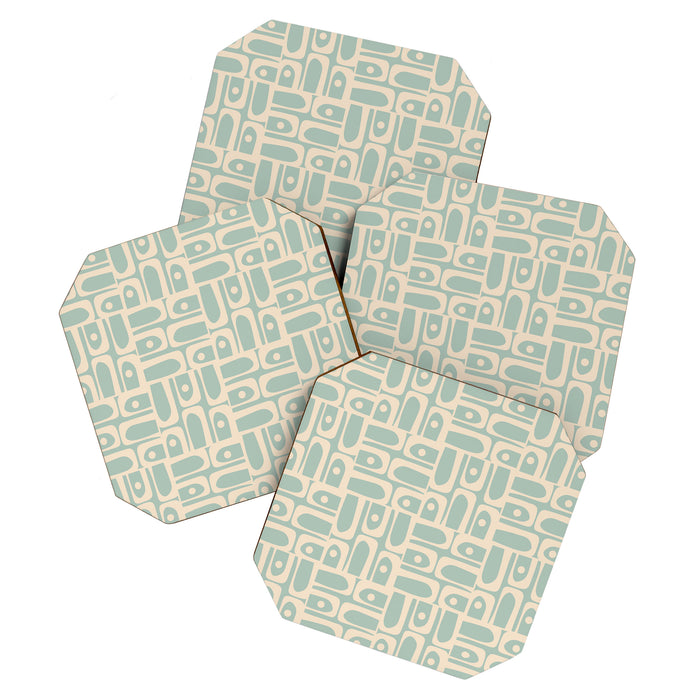 Mid Century Modern Piquet Multi Geometric Pattern in Light Celadon Teal Coaster Gallery Image 1