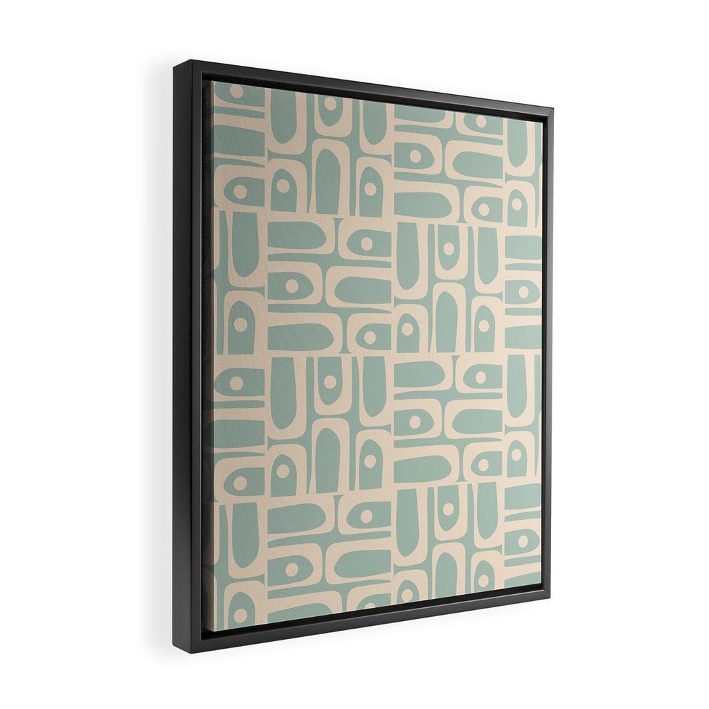 Mid Century Modern Piquet Multi Geometric Pattern in Light Celadon Teal Framed Canvas Print Gallery Image 2