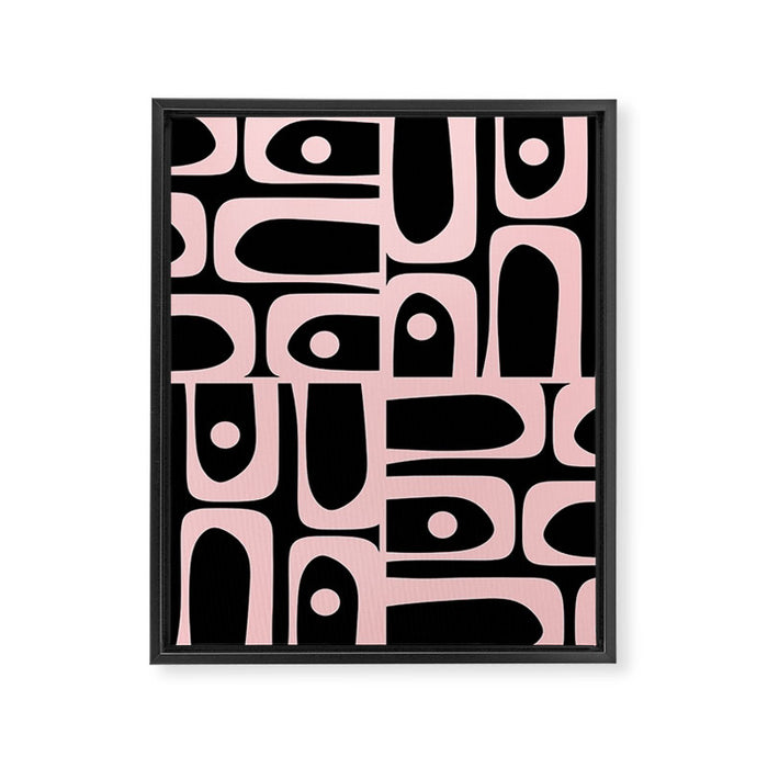 Mid Century Modern Piquet Multi Geometric Pattern in Light Pink and Black Framed Canvas Print Gallery Image 1