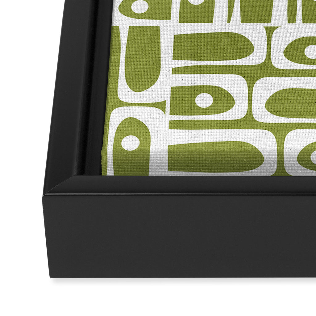 Mid Century Modern Piquet Multi Geometric Pattern in Mid Mod Martini Olive Green and White Framed Canvas Print Gallery Image 3