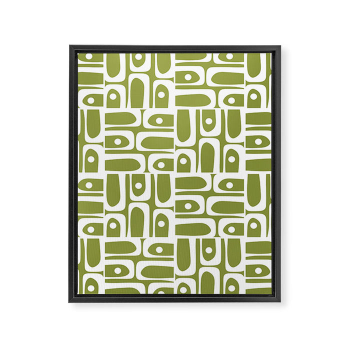 Mid Century Modern Piquet Multi Geometric Pattern in Mid Mod Martini Olive Green and White Framed Canvas Print Gallery Image 1