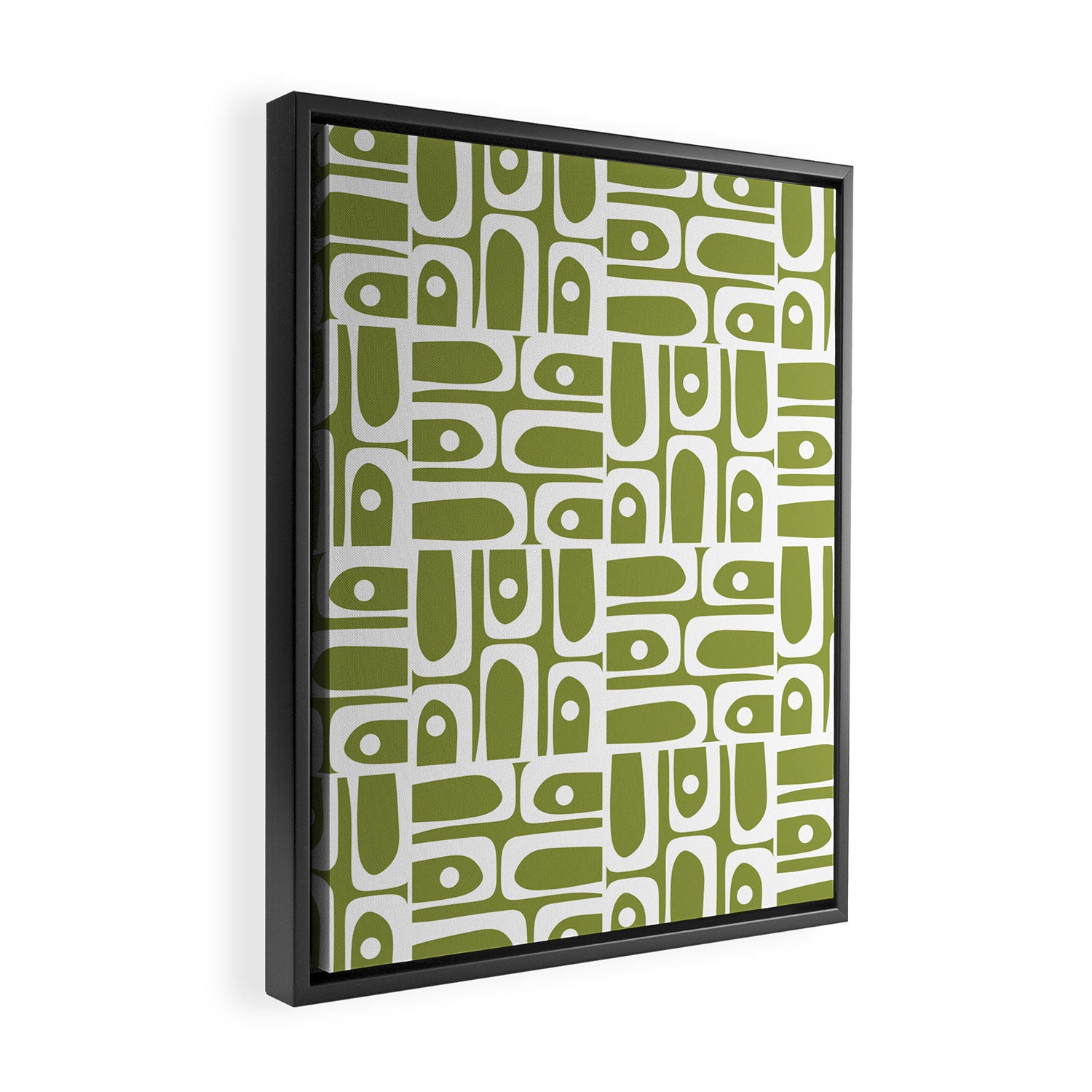 Mid Century Modern Piquet Multi Geometric Pattern in Mid Mod Martini Olive Green and White Framed Canvas Print Gallery Image 2