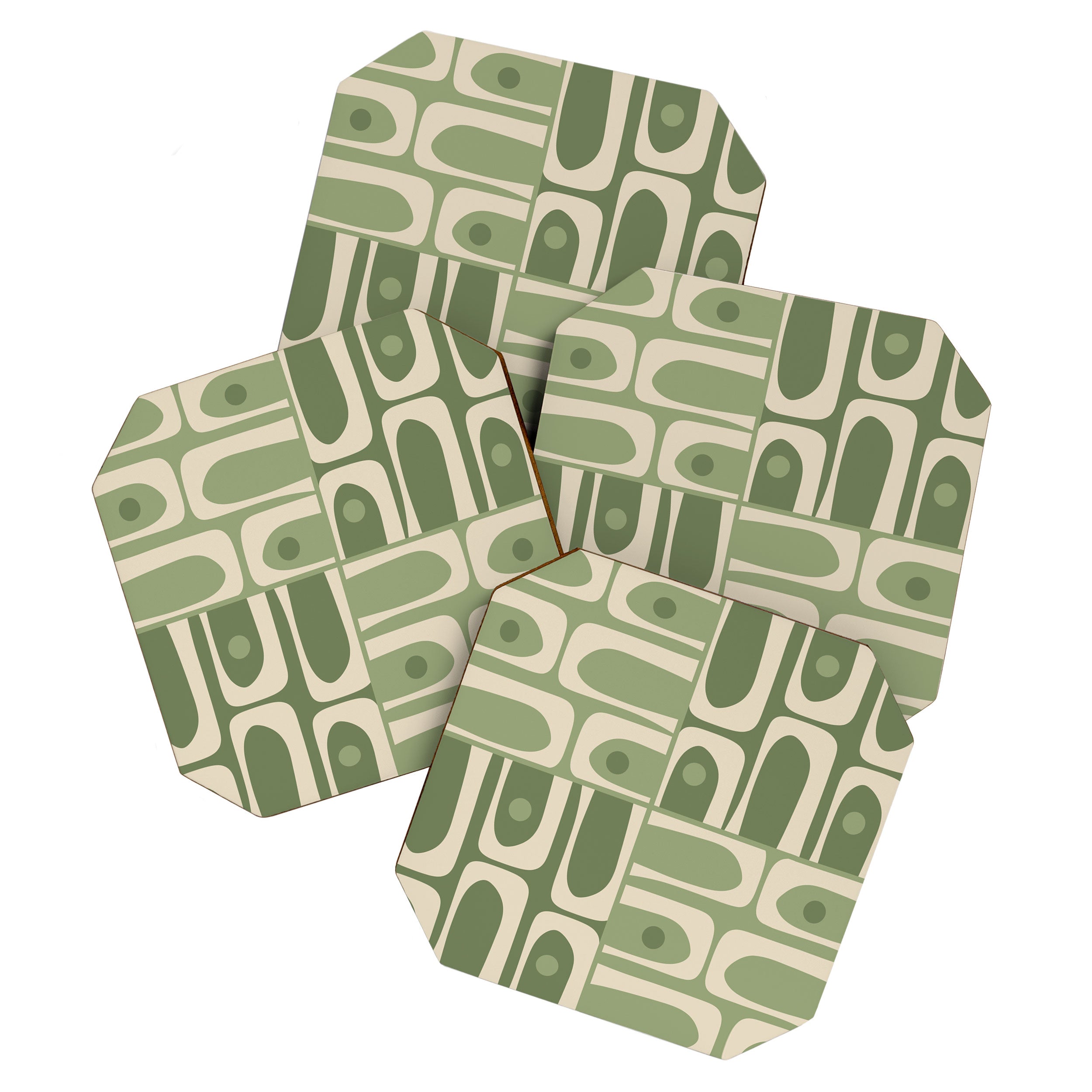 Mid Century Modern Piquet Multi Geometric Pattern in Mossy Sage Olive Green and Beige Coaster Gallery Image 1