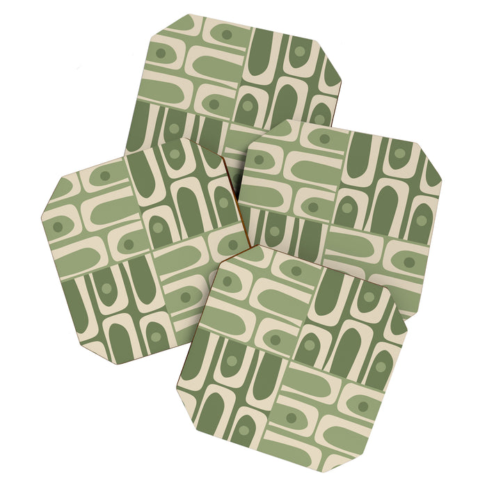 Mid Century Modern Piquet Multi Geometric Pattern in Mossy Sage Olive Green and Beige Coaster Gallery Image 1