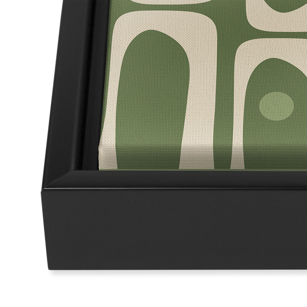 Mid Century Modern Piquet Multi Geometric Pattern in Mossy Sage Olive Green and Beige Framed Canvas Print Gallery Image 3