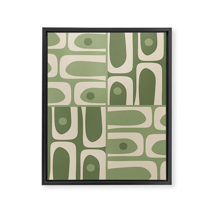 Mid Century Modern Piquet Multi Geometric Pattern in Mossy Sage Olive Green and Beige Framed Canvas Print Gallery Image 1