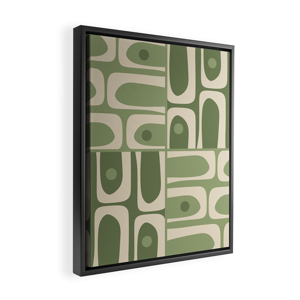 Mid Century Modern Piquet Multi Geometric Pattern in Mossy Sage Olive Green and Beige Framed Canvas Print Gallery Image 2