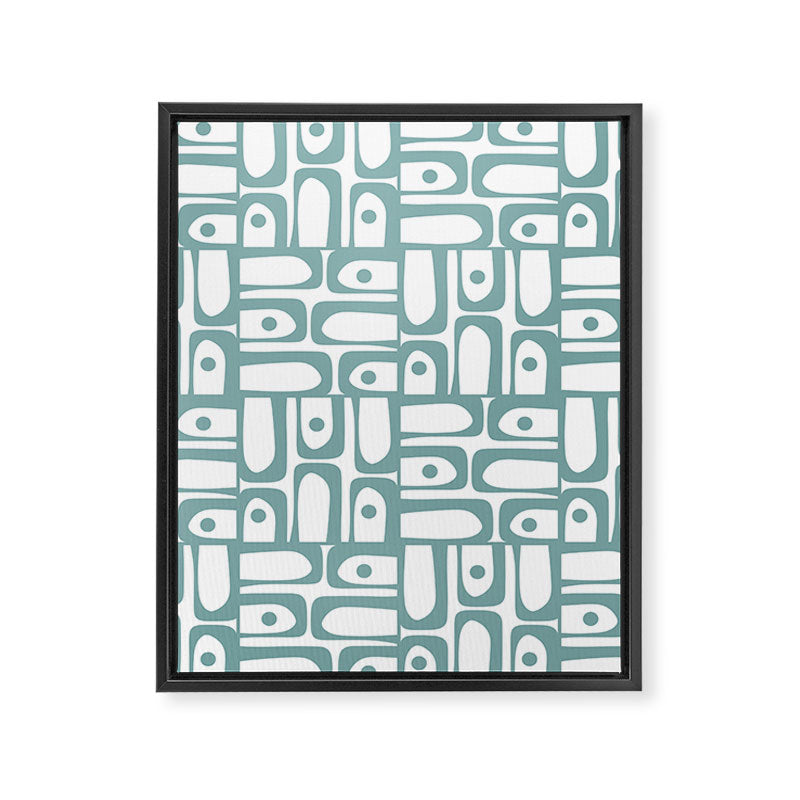 Mid Century Modern Piquet Multi Geometric Pattern in Vintage Blue Spruce and White Framed Canvas Print Gallery Image 8