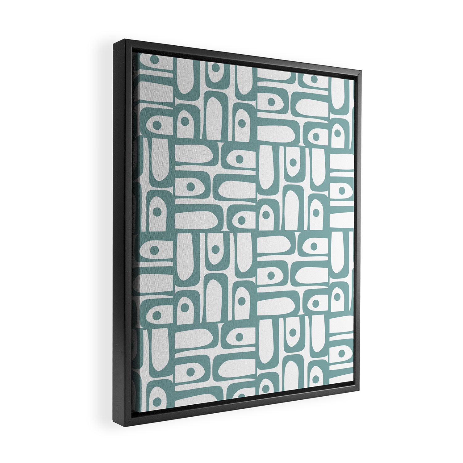 Mid Century Modern Piquet Multi Geometric Pattern in Vintage Blue Spruce and White Framed Canvas Print Gallery Image 2