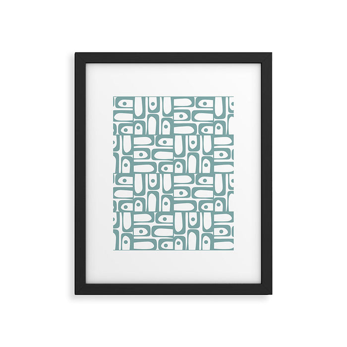 Mid Century Modern Piquet Multi Geometric Pattern in Vintage Blue Spruce and White Framed Art Print Gallery Image 1