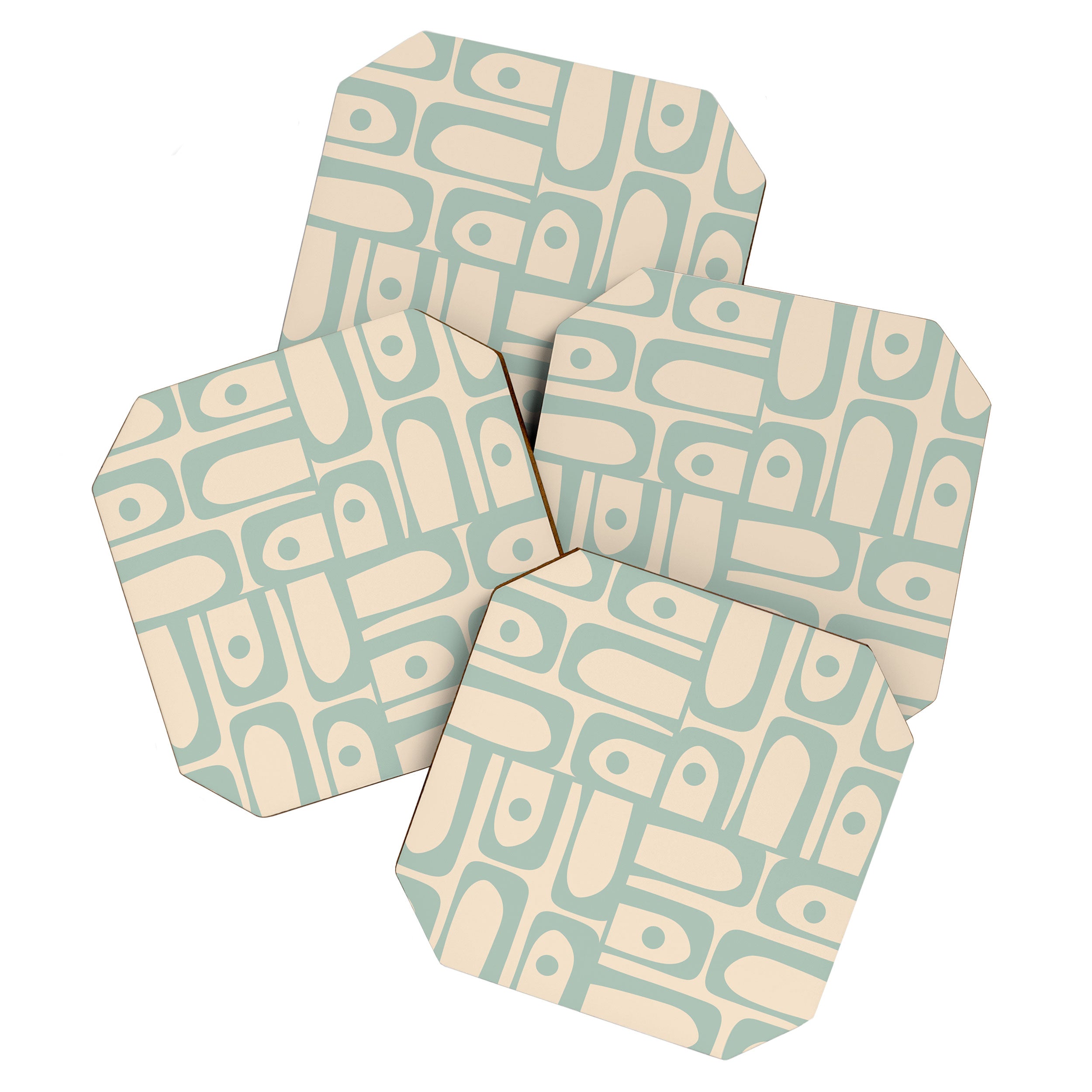 Mid Century Modern Piquet Multi Geometric Pattern Light Celadon Blue and Cream Coaster Gallery Image 1