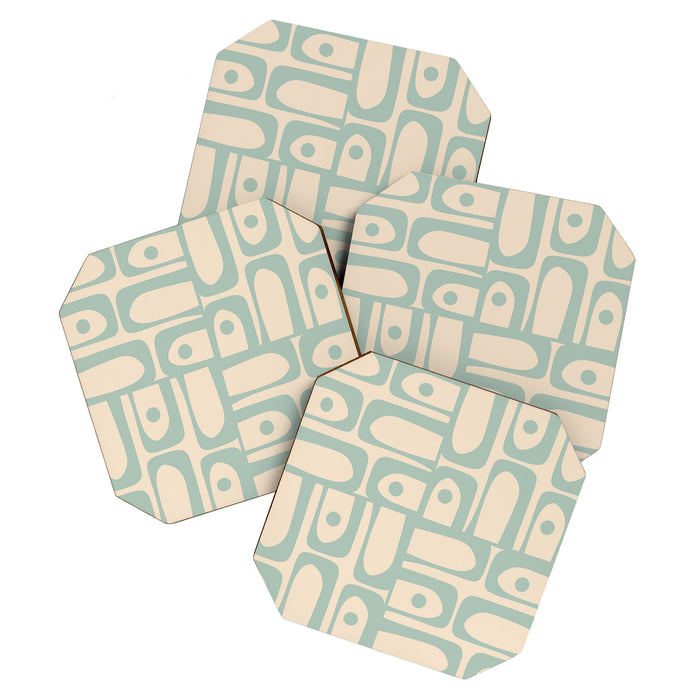 Mid Century Modern Piquet Multi Geometric Pattern Light Celadon Blue and Cream Coaster Gallery Image 1