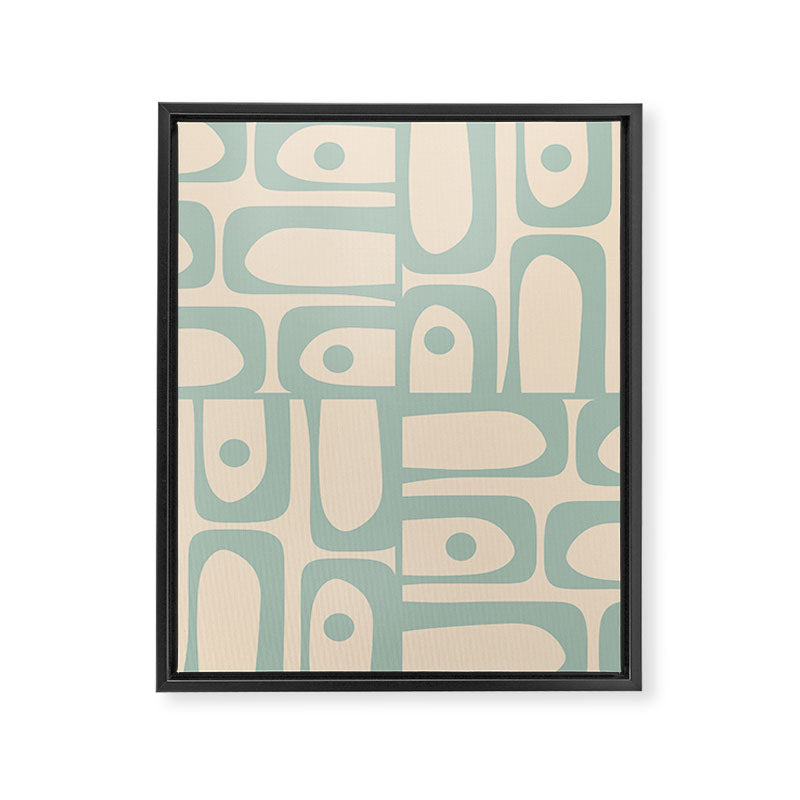 Mid Century Modern Piquet Multi Geometric Pattern Light Celadon Blue and Cream Framed Canvas Print Gallery Image 8
