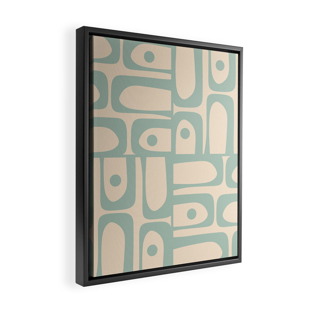 Mid Century Modern Piquet Multi Geometric Pattern Light Celadon Blue and Cream Framed Canvas Print Gallery Image 2