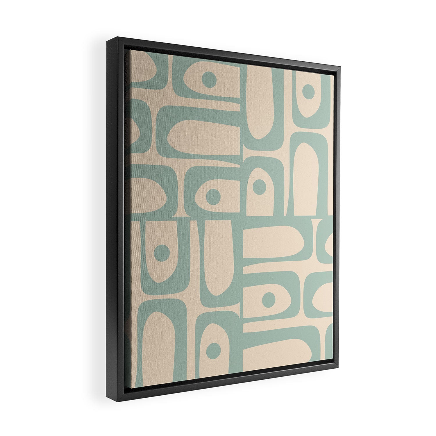 Mid Century Modern Piquet Multi Geometric Pattern Light Celadon Blue and Cream Framed Canvas Print Gallery Image 2