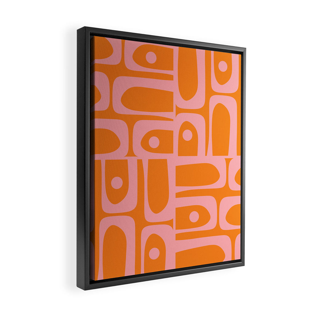 Mid Century Modern Piquet Multi Geometric Pop Pattern in Orange and Pink Framed Canvas Print Gallery Image 2