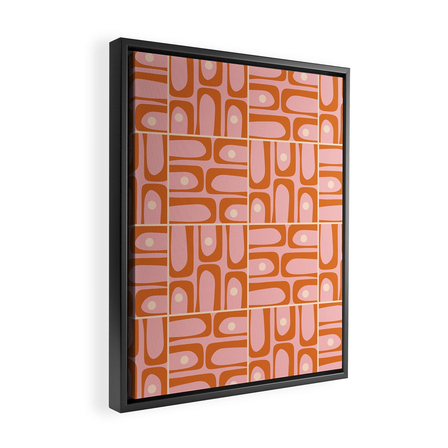 Mid Century Modern Piquet Multi Geometric Tiled Pattern Blush Pink Orange Cream Framed Canvas Print Gallery Image 2