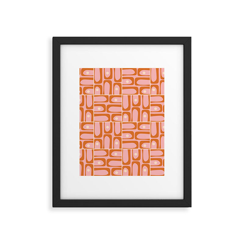 Mid Century Modern Piquet Multi Geometric Tiled Pattern Blush Pink Orange Cream Framed Art Print Gallery Image 6