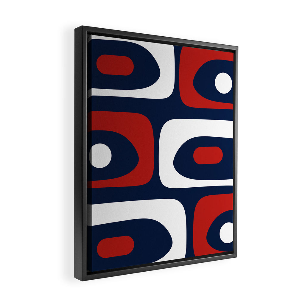 Mid Century Modern Piquet Pattern in Nautical Navy Blue, Red, and White Framed Canvas Print Gallery Image 2