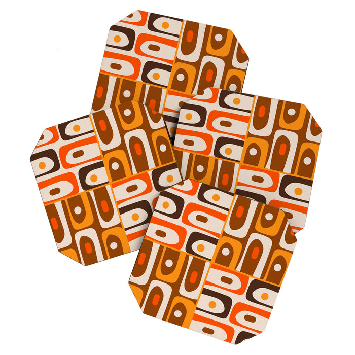 Mid Century Modern Piquet Retro Abstract Multi Pattern in 70s Orange and Brown Coaster Gallery Image 1