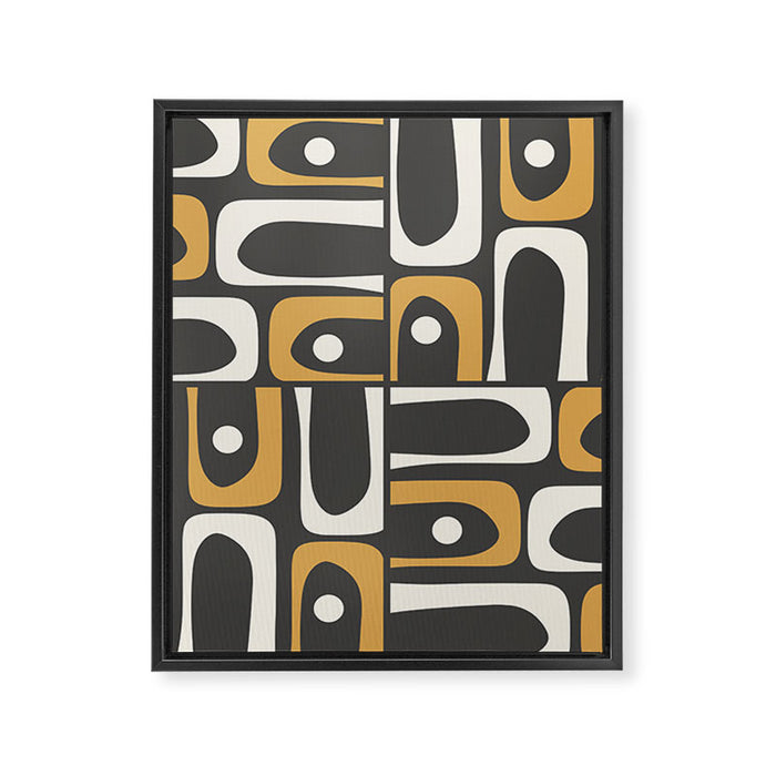 Mid Century Modern Piquet Retro Abstract Multi Pattern in Charcoal Gray, Muted Mustard Gold, and Cream Framed Canvas Print Gallery Image 1