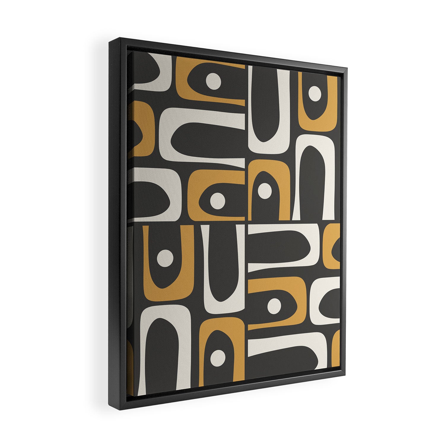 Mid Century Modern Piquet Retro Abstract Multi Pattern in Charcoal Gray, Muted Mustard Gold, and Cream Framed Canvas Print Gallery Image 2