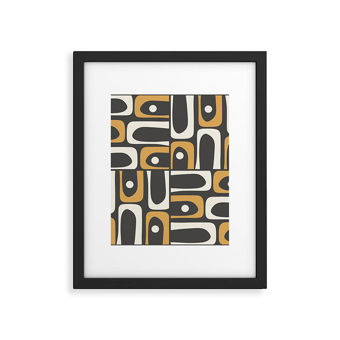 Mid Century Modern Piquet Retro Abstract Multi Pattern in Charcoal Gray, Muted Mustard Gold, and Cream Framed Art Print Gallery Image 1