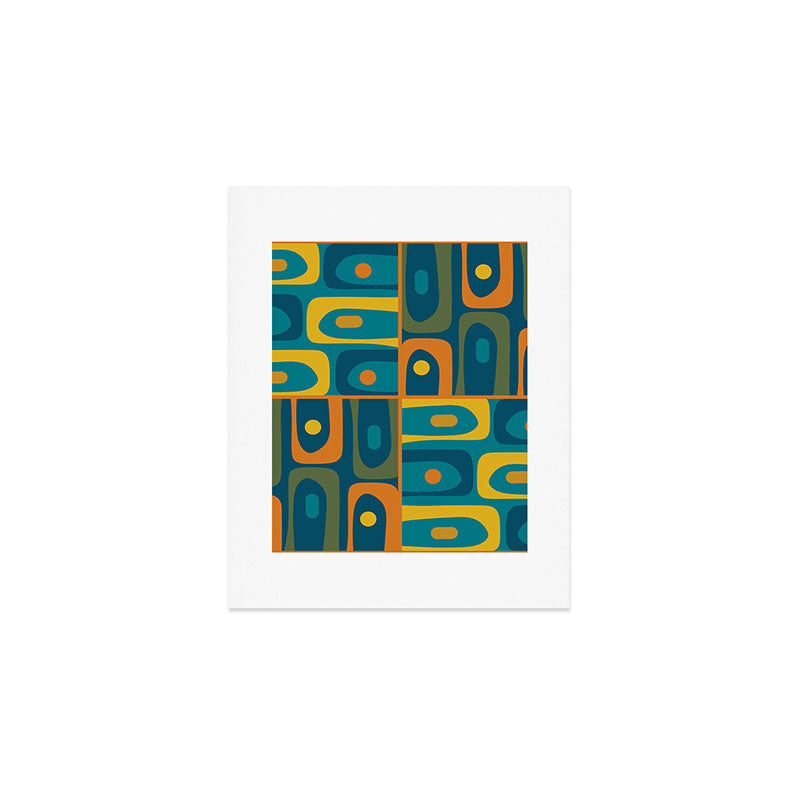 Mid Century Modern Piquet Retro Abstract Multi Pattern in Moroccan Blue Teal Orange Olive Mustard Art Print Gallery Image 1