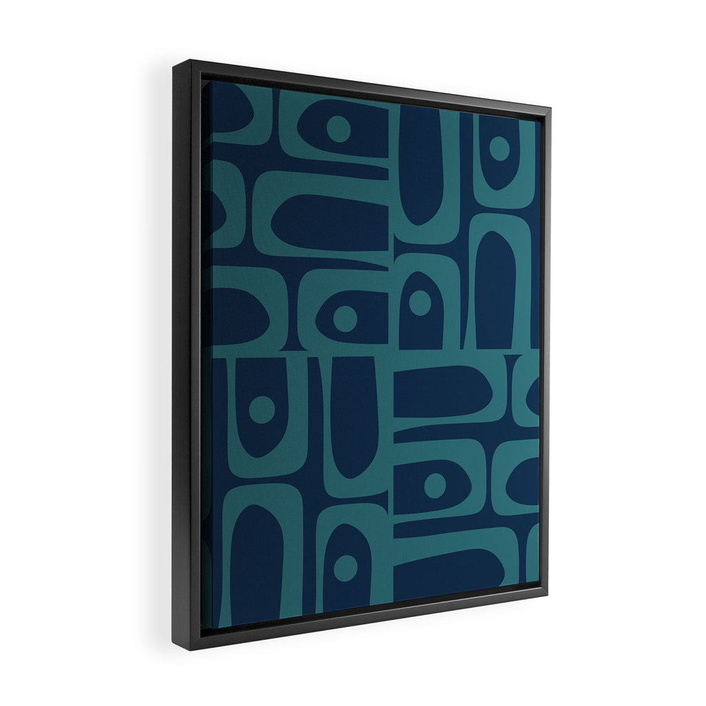 Mid Century Modern Piquet Retro Abstract Multi Pattern in Teal and Navy Blue Framed Canvas Print Gallery Image 2