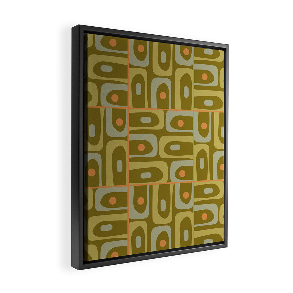 Mid Century Modern Piquet Retro Abstract Multi Pattern in Vintage Olive Green and Cantaloupe Orange Framed Canvas Print Gallery Image 2