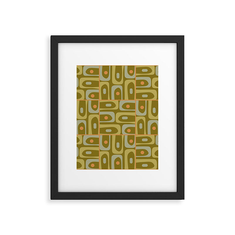 Mid Century Modern Piquet Retro Abstract Multi Pattern in Vintage Olive Green and Cantaloupe Orange Framed Art Print Gallery Image 6