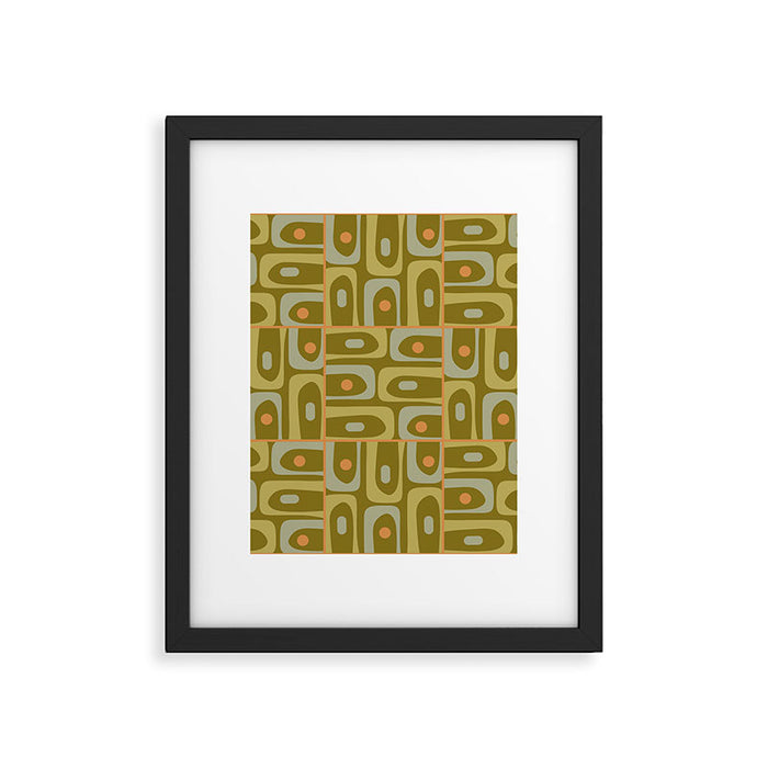 Mid Century Modern Piquet Retro Abstract Multi Pattern in Vintage Olive Green and Cantaloupe Orange Framed Art Print Gallery Image 1