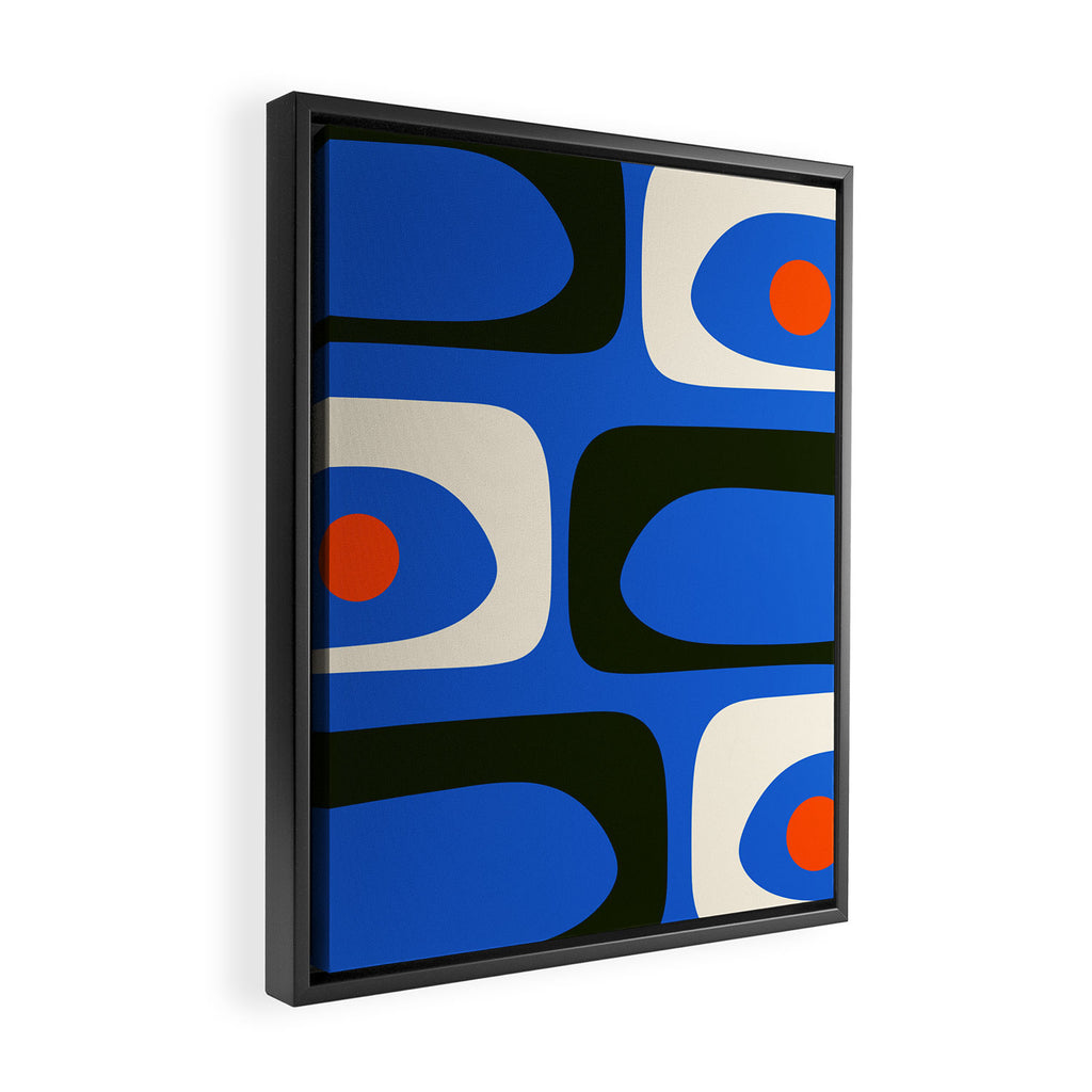 Mid Century Modern Piquet Retro Abstract Pattern in Bold Blue Black Orange Off White Framed Canvas Print Gallery Image 2