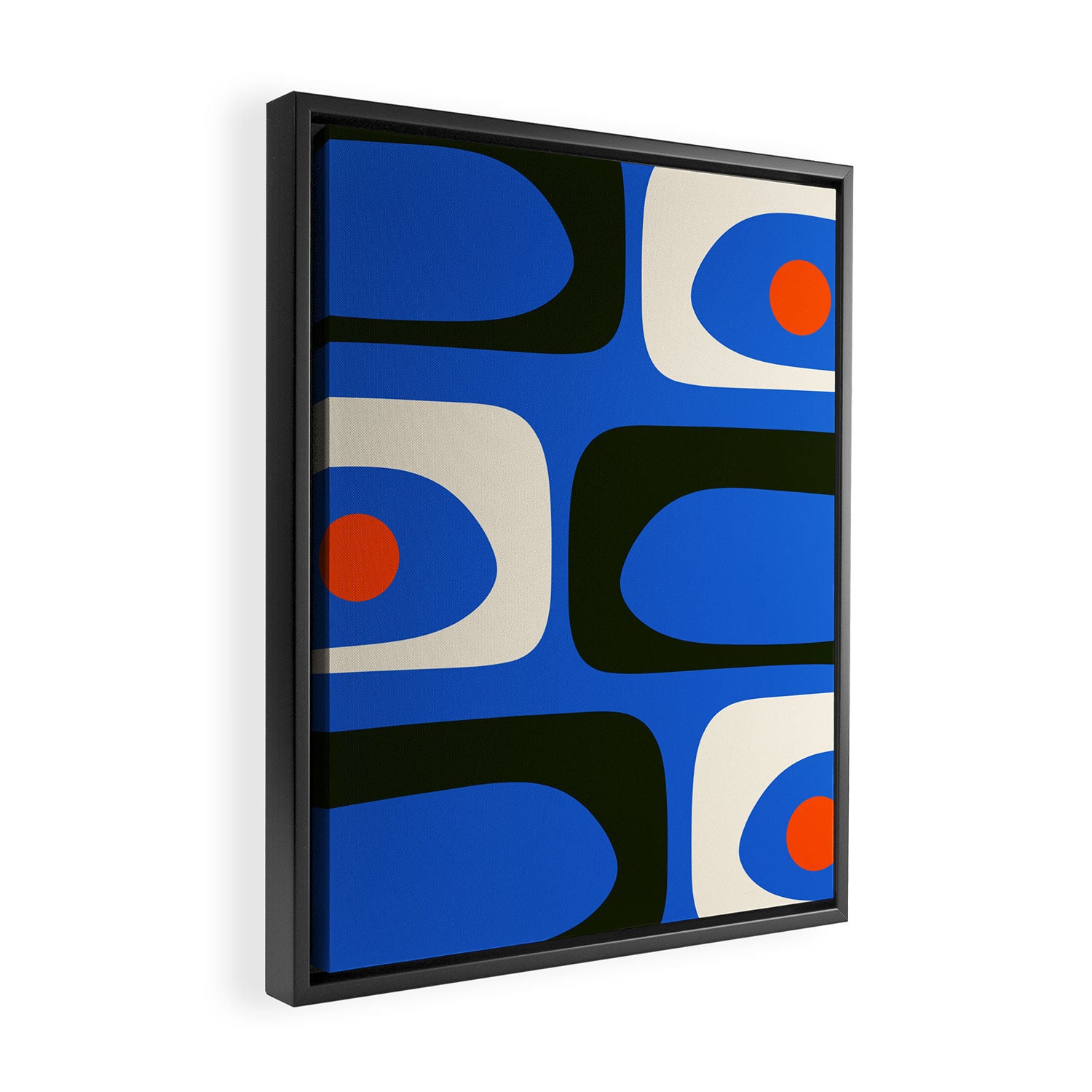 Mid Century Modern Piquet Retro Abstract Pattern in Bold Blue Black Orange Off White Framed Canvas Print Gallery Image 2