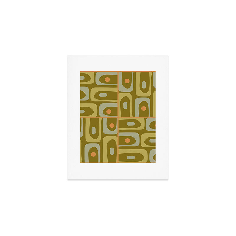 Mid Century Modern Piquet Retro Abstract Tiled Pattern in Vintage Olive Green and Cantaloupe Orange Art Print Gallery Image 1