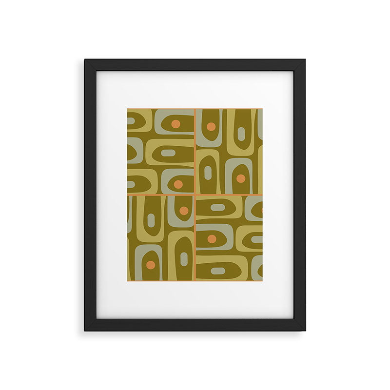 Mid Century Modern Piquet Retro Abstract Tiled Pattern in Vintage Olive Green and Cantaloupe Orange Framed Art Print Gallery Image 6