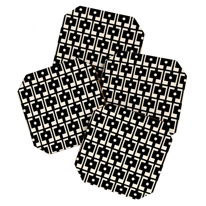 Mid Century Modern Rektangel Geometric Pattern Black and Almond Cream Coaster Gallery Image 1