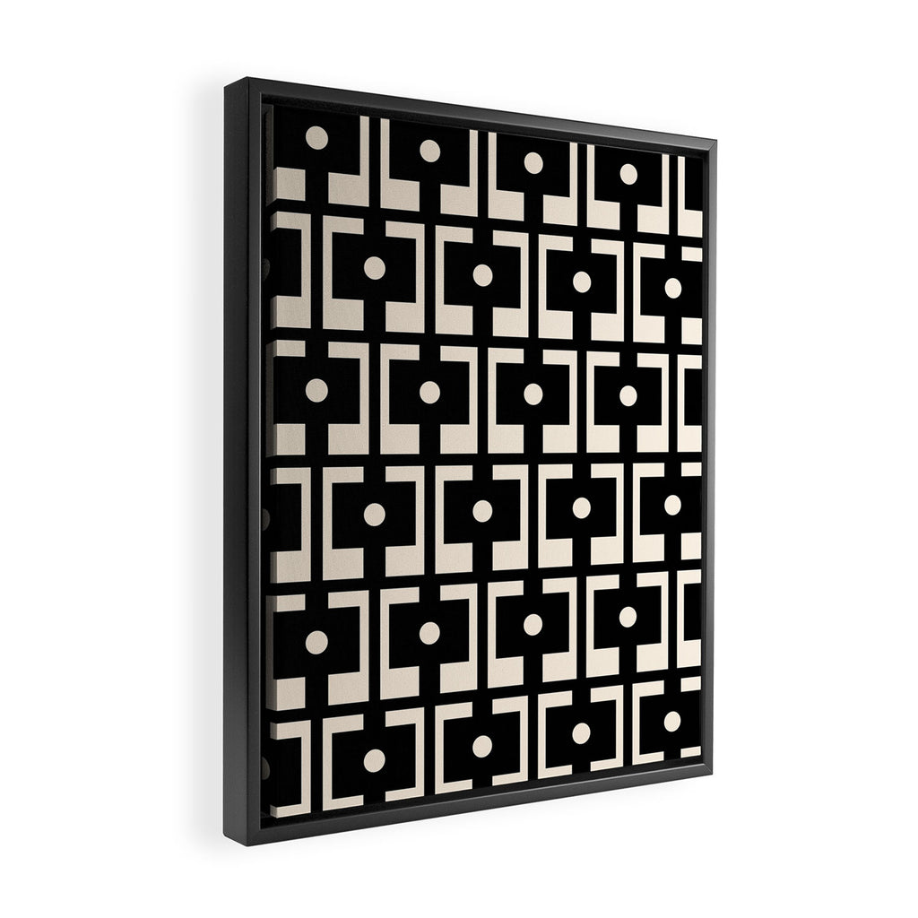 Mid Century Modern Rektangel Geometric Pattern Black and Almond Cream Framed Canvas Print Gallery Image 2