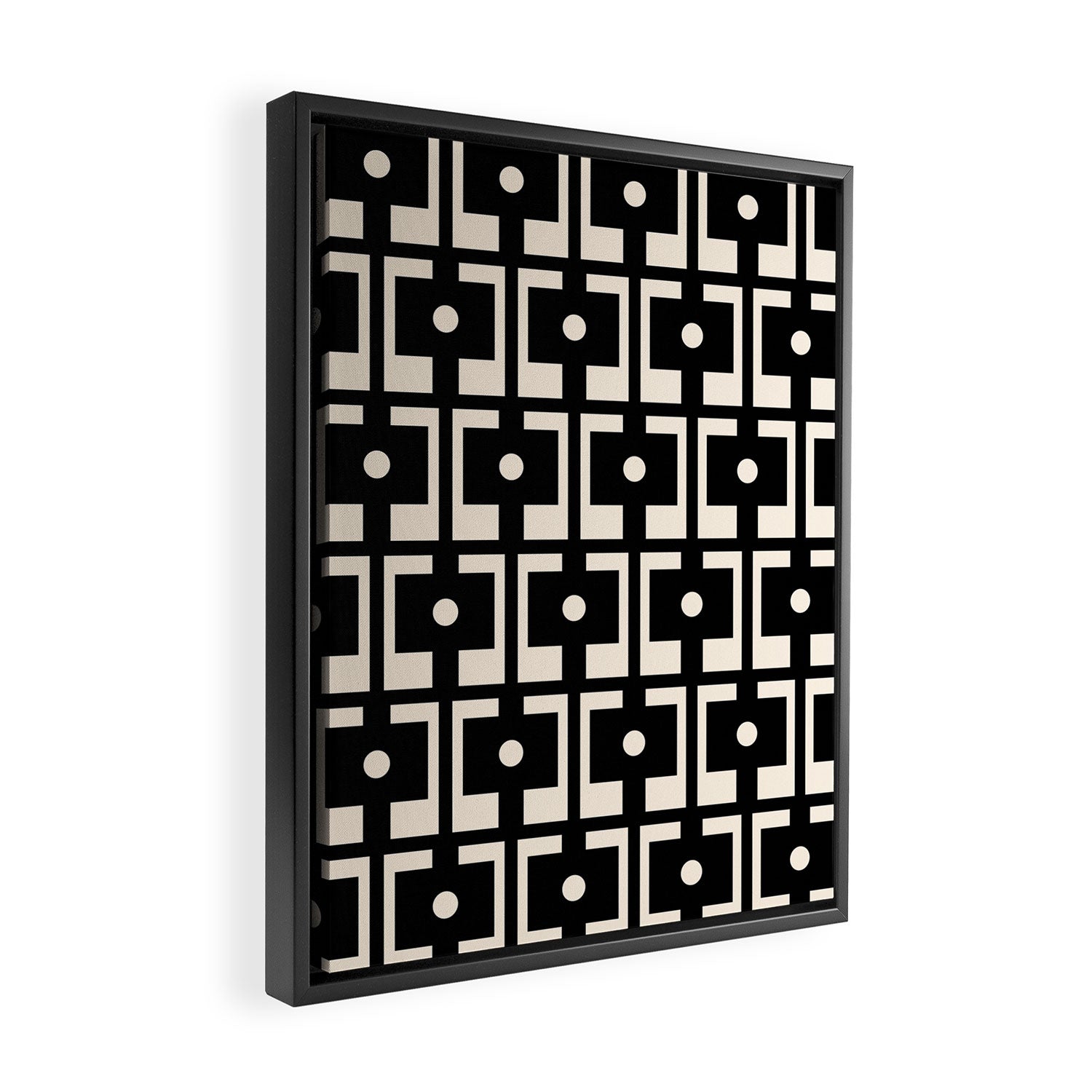 Mid Century Modern Rektangel Geometric Pattern Black and Almond Cream Framed Canvas Print Gallery Image 2