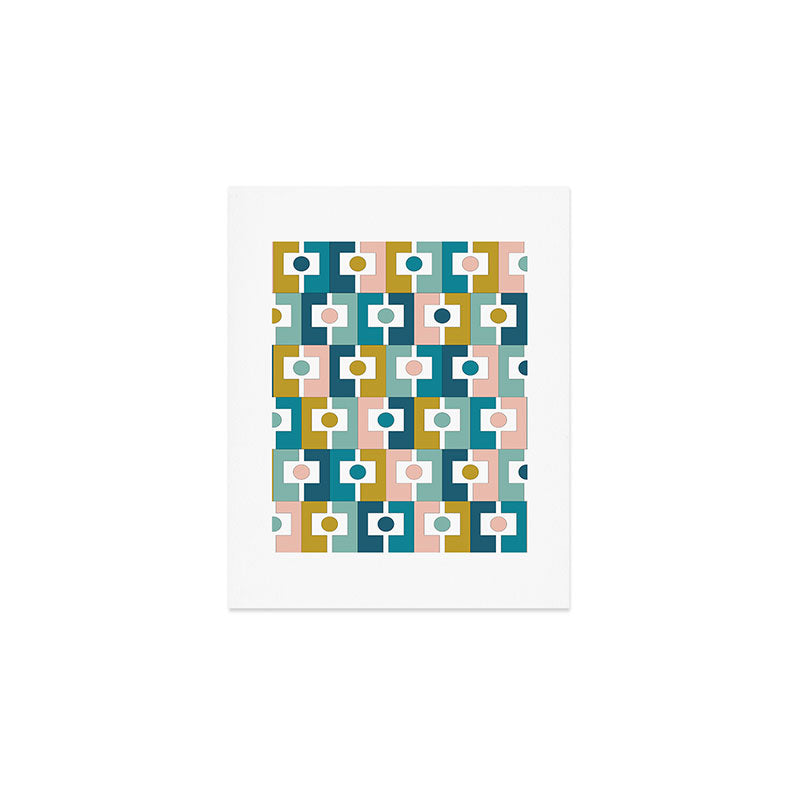 Mid Century Modern Rektangel Geometric Pattern Blue Mustard Blush White Art Print Gallery Image 1